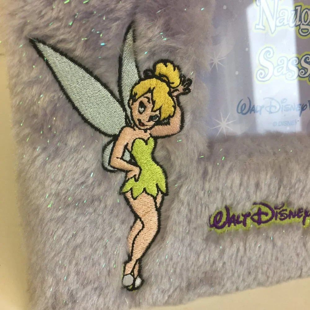 Disney World Tinkerbell Embroidered on Purple Sparkle Faux Fur‎ Square Pic Frame